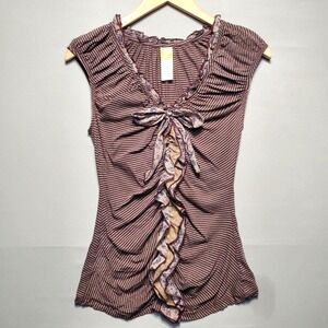 Anthropologie Guinevere Ruffle Trim Knit Top Womens XS Bow Stripe Y2K VTG Boho